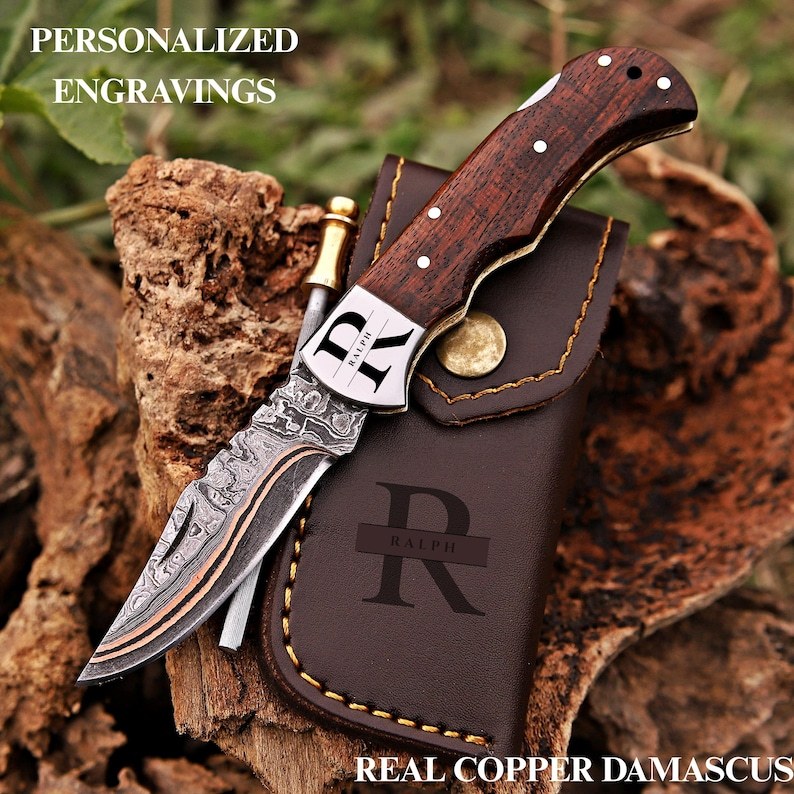 Copper Damascus pocket knife & sheath options