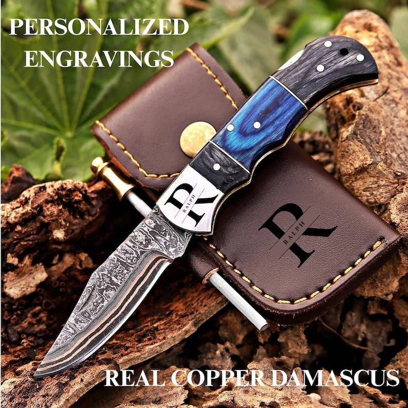 Personalized copper Damascus pocket knife