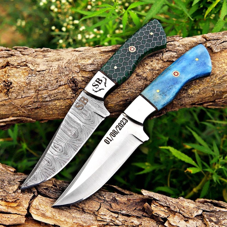 Blue bone & green resin hunting knife