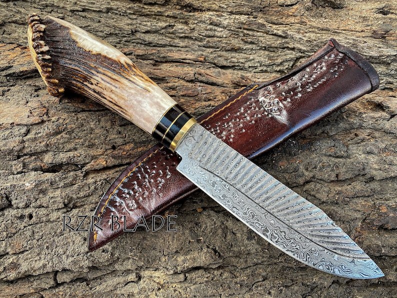 13-inch antler Damascus hunting knife